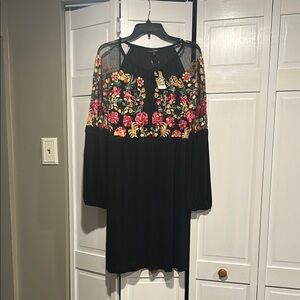 Suzanne Betro Boho Style Floral Embroidered Black Dress